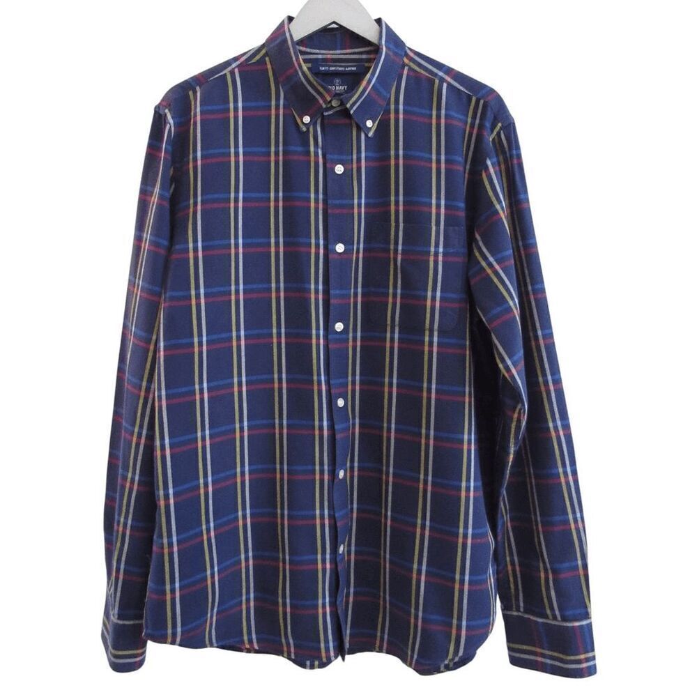 Old Navy Slim Fit Navy Plaid Button Up Shirt Sz L